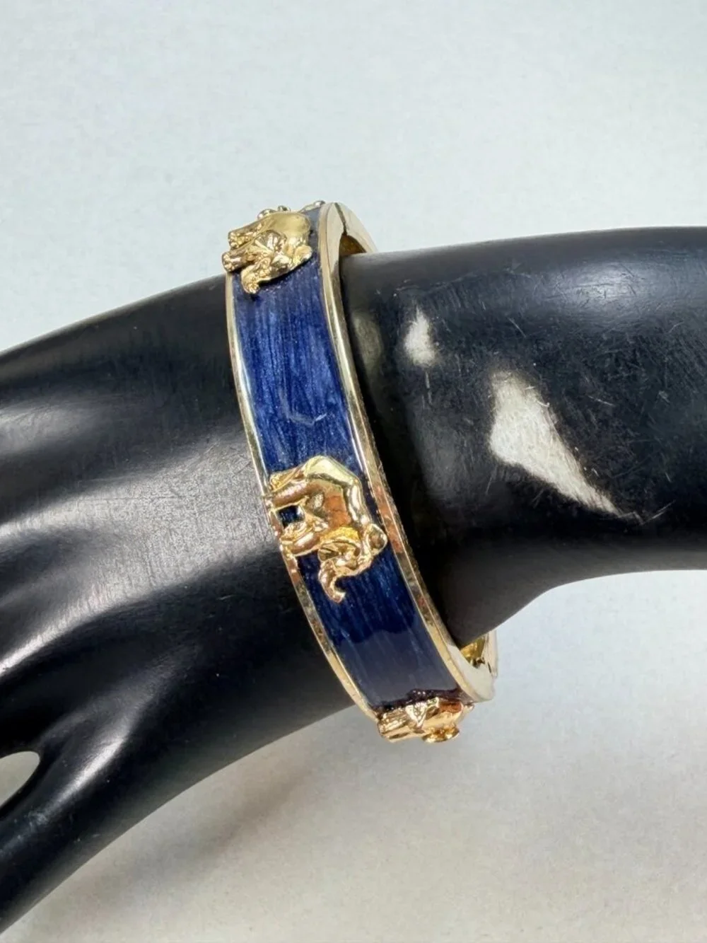 Vintage Gold Tone Blue Elephant Hinged Bangle Bracelet Relief Animal Hinged